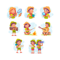 Boy and Girl Scout Character in Hat Vector Illustration Set
