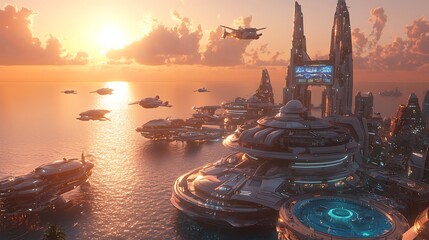 Futuristic Coastal Cityscape at Sunset with Flying Vehicles.