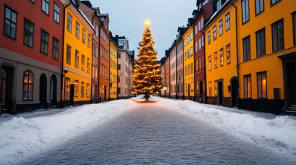 Obraz premium A whimsical Christmas scene in Stockholm’s Gamla Stan, with colorful historic buildings, a glowing Christmas tree, and fresh snow blanketing the narrow streets 