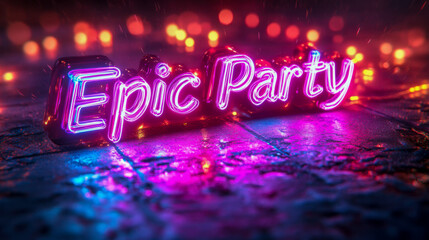 Neon epic party sign on wet surface with bokeh lights at night