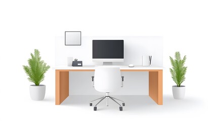 Professional workspace with adjustable furniture, modern monitors, clean design, 3D isometric view