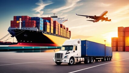 Container truck in ship port for business Logistics and transportation of Container Cargo ship and Cargo plane with working crane bridge in shipyard 