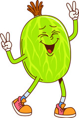 Groovy gooseberry fruit character in retro cartoon with happy face, vector comic emoji. Groovy gooseberry berry with funky peace sign gesture and laughing in good vibe for retro cartoon character
