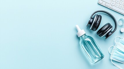 Flatlay of headphones, sanitizer, mask, and keyboard on blue background.