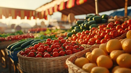 Chinese New Year. vibrant fruit and vegetable market with sunlit. vibrant market display featuring fresh fruits and vegetables in baskets at sunset.