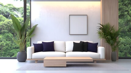 3D render of trendy urban jungle interior, white sofa, black pillow, wood furniture, greenery, minimalist wall