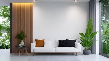 Stylish jungle-inspired living room, white sofa, black knot cushion, wooden accents, blank wall, vibrant plants, 3D render