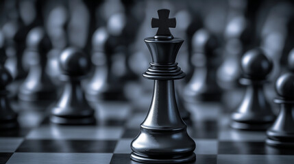 Black chess king standing among pawns in a dramatic lighting setup on a chessboard with blurred background creating a captivating focus on strategy
