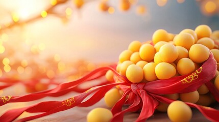 Obraz premium Chinese New Year. vibrant fruit and vegetable market with sunlit. A vibrant display of yellow fruits tied with red ribbon, symbolizing prosperity and celebration.