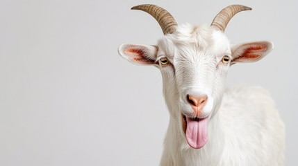 Fototapeta premium Portrait of a White Goat with Tongue Out