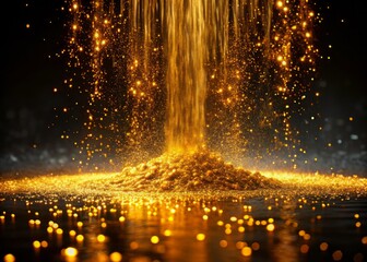 Naklejka premium Golden Waterfall Abstract, Dark Background, Particle Cascade, Luxury, Glittering, Flowing, Abstract Art, Digital Art, Gold Dust, Elegant, Shimmering