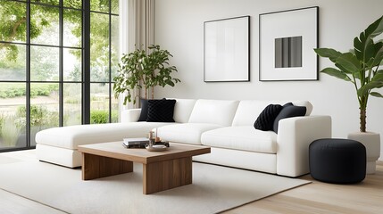 Fototapeta premium Contemporary living room with white sofa, black knot pillow, wooden table, lush plants, blank wall, urban jungle style, 3D render