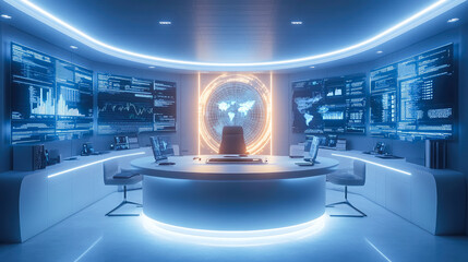 A high-tech circular command center with multiple digital screens showcasing world maps and data analytics.