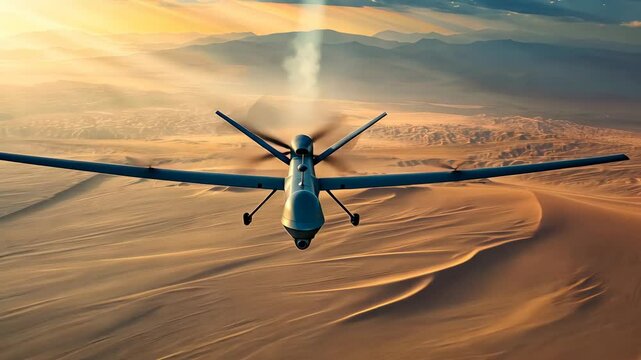 Military drone flying over desert landscape
