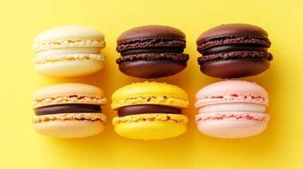 A row of six different colored macarons on a yellow background