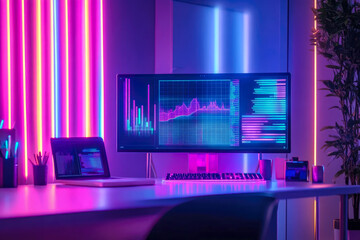 A vibrant setup with dual screens displaying colorful data analytics and graphs in a modern office environment.