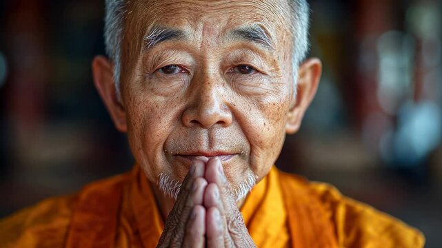 video of Buddhist monk in orange robe praying in temple, Buddhism, religion, faith, Asia, India, man believing in Buddha, Tibet, guru, lama, spirituality, meditation