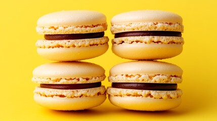 Four macarons stacked on top of each other on a yellow background