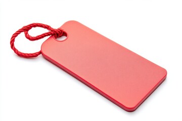 A bright red rectangular price tag with a hole at the top and a red string looped