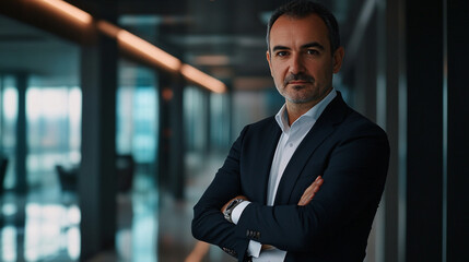 Confident business professional in modern office environment with arms crossed, showcasing leadership and determination in a stylish corporate setting