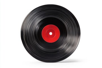 A classic black vinyl record with a red center label displaying visible grooves isolated on a white...