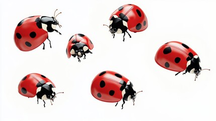 Group of ladybugs with black spots on their backs. The ladybugs are in different positions and angles