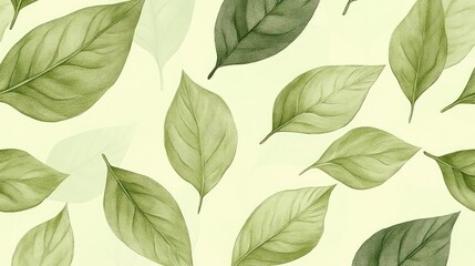 Fototapeta premium Elegant Seamless Pattern Featuring Hand-Drawn Leaves on a Light Green Background