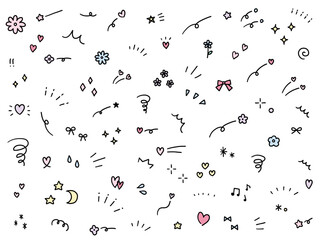 Obraz premium 手書きの飾りイラストのベクターイラストセット。手描き、集中線、注目、星、ハート、花