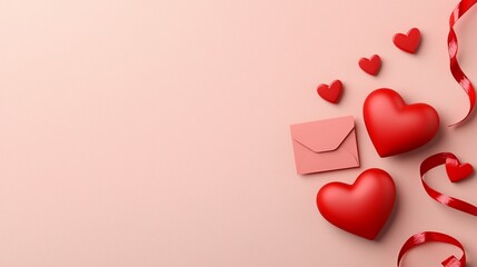 Romantic Valentine's Day scene with hearts, envelope, and ribbon on pink background.