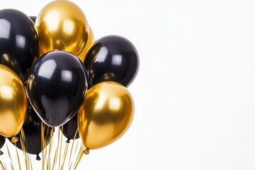 A cluster of helium filled balloons in black and gold tied together with golden strings