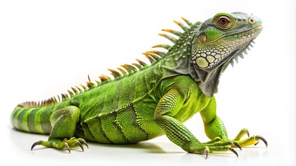 Green Iguana Full Body, White Background, Reptile, Lizard, Sawtooth Crest, Closeup, Animal Photography, Wildlife, Exotic Pet