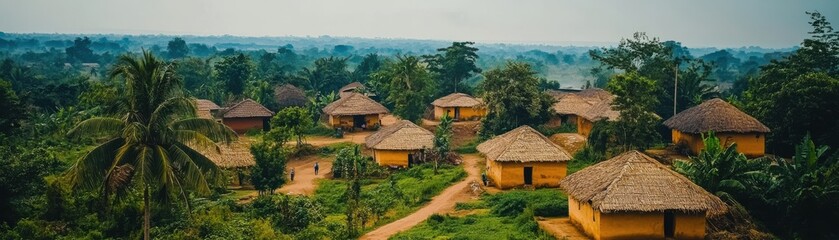 A serene village scene featuring traditional huts surrounded by lush greenery and trees, showcasing rural life and natural beauty.
