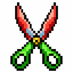 Pixel Art Scissors Icon with Green Handles and Red Blades   Retro Video Game Tools Graphic
