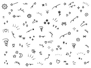 手書きの飾りイラストのベクターイラストセット。手描き、集中線、注目、星、ハート、花