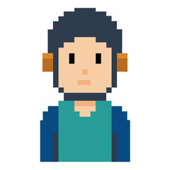 Pixel Art Character with Blue Shirt and Dark Hair in Simple 8 bit Style