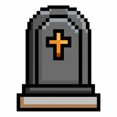 Fototapeta premium Pixel Art Tombstone with Cross Retro Video Game Icon for Memorial or Graveyard Themes