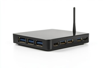 A compact black electronic device with multiple HDMI and USB ports on the front