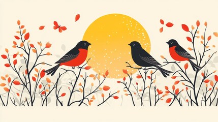 Vibrant Flat Design Birds with Autumn Foliage and Golden Sun