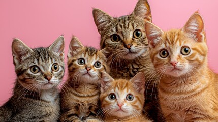 A heartwarming group of five adorable cats, including playful kittens and an attentive adult, set against a soft pink background.