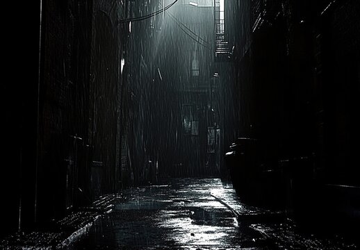 Fototapeta A dark alleyway in the city, with rain pouring down and light filtering through the buildings