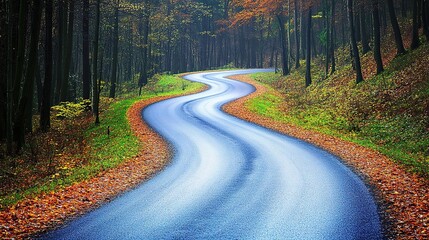 Fototapeta premium Scenic Winding Road Through Lush Green Forest in Autumn Colors