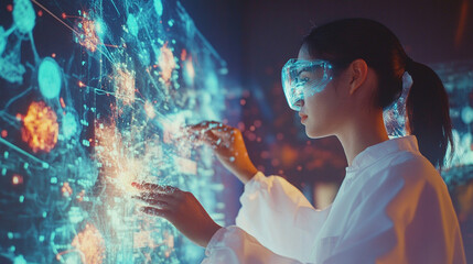 Female scientist using augmented reality technology to analyze data on a futuristic touchscreen display in a laboratory environment, illuminated by vibrant graphics