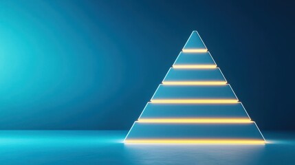 A glowing pyramid structure with illuminated layers against a blue background, conveying a modern and sleek design.