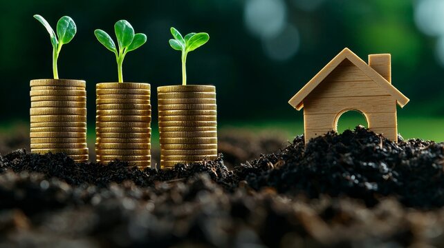 Growing Investment  Seedlings on Coins   Wooden House Model