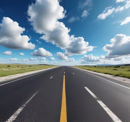 Fototapeta premium Asphalt road disappearing into the distance with a bright blue sky and fluffy white clouds , horizon, outdoors