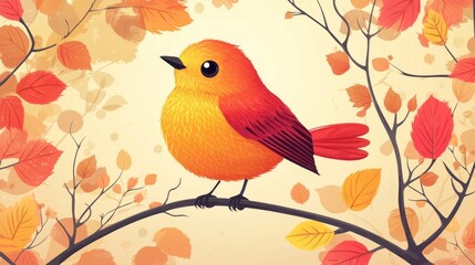 Fototapeta premium Vibrant Flat Design Bird Illustration with Autumn Leaves Background