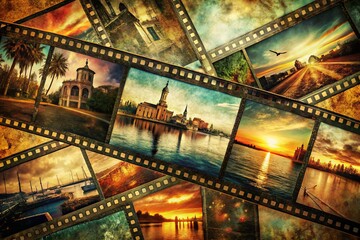 Grunge Filmstrip Panoramic Photography: Vintage Movie Reel Backgrounds