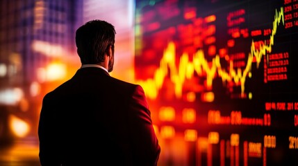 Businessman Deep in Thought in Front of Vibrant Stock Market Data Screen with Cityscape Background