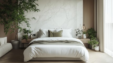 A cozy, modern bedroom with a large king-size bed, linen bedding, and a minimalist design. Green plants and small, tasteful decorations add a touch of nature to the space, creating a harmonious .
