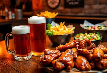 Beer Mugs Surrounded By Variety Of Dishes Including Fish Tacos, Calamari, Onion Rings, And Chicken Wings, Pub Atmosphere With Rustic Wooden Textures, Soft Lighting Highlights The Food And Drinks